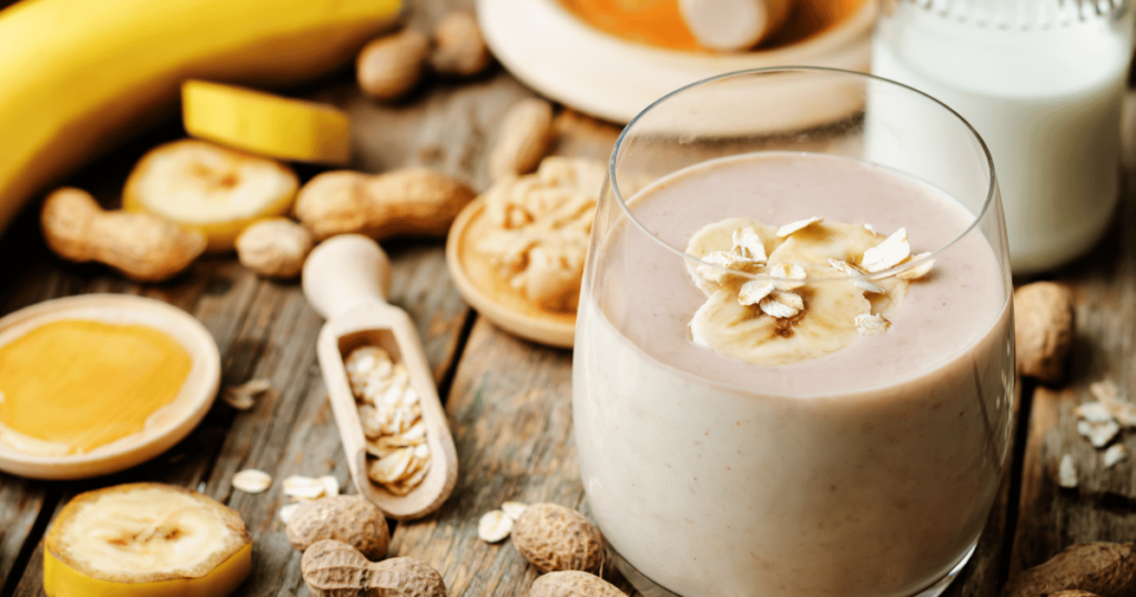 Homemade Protein Smoothies with Whey Protein, Bananas, Peanut Butter, and Oats