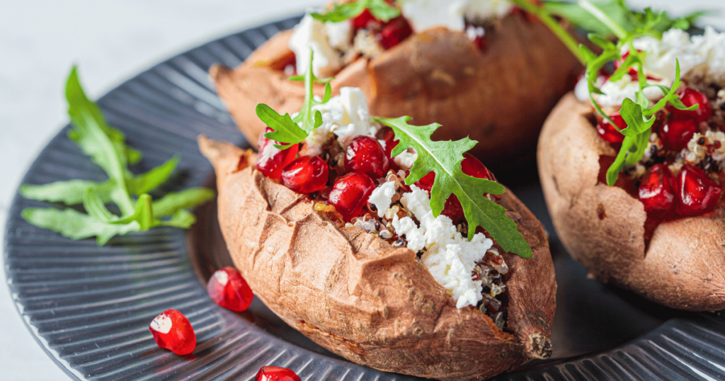 Oven-Baked Sweet Potatoes Stuffed with Chickpeas, Spinach, and Feta